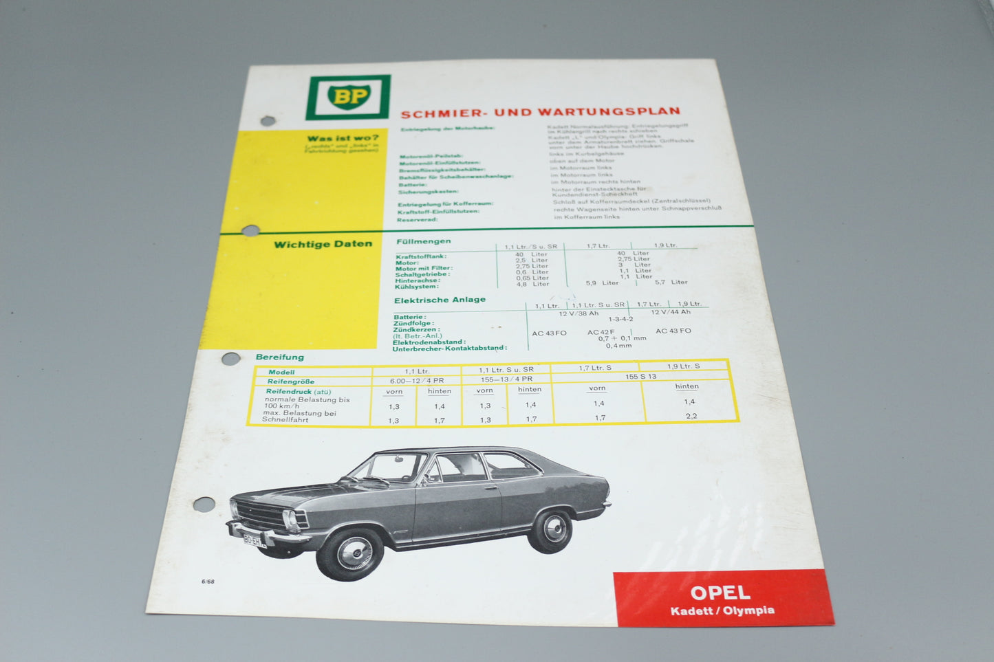 Lubrication and Maintenance Schedule Opel Kadett / Olympia