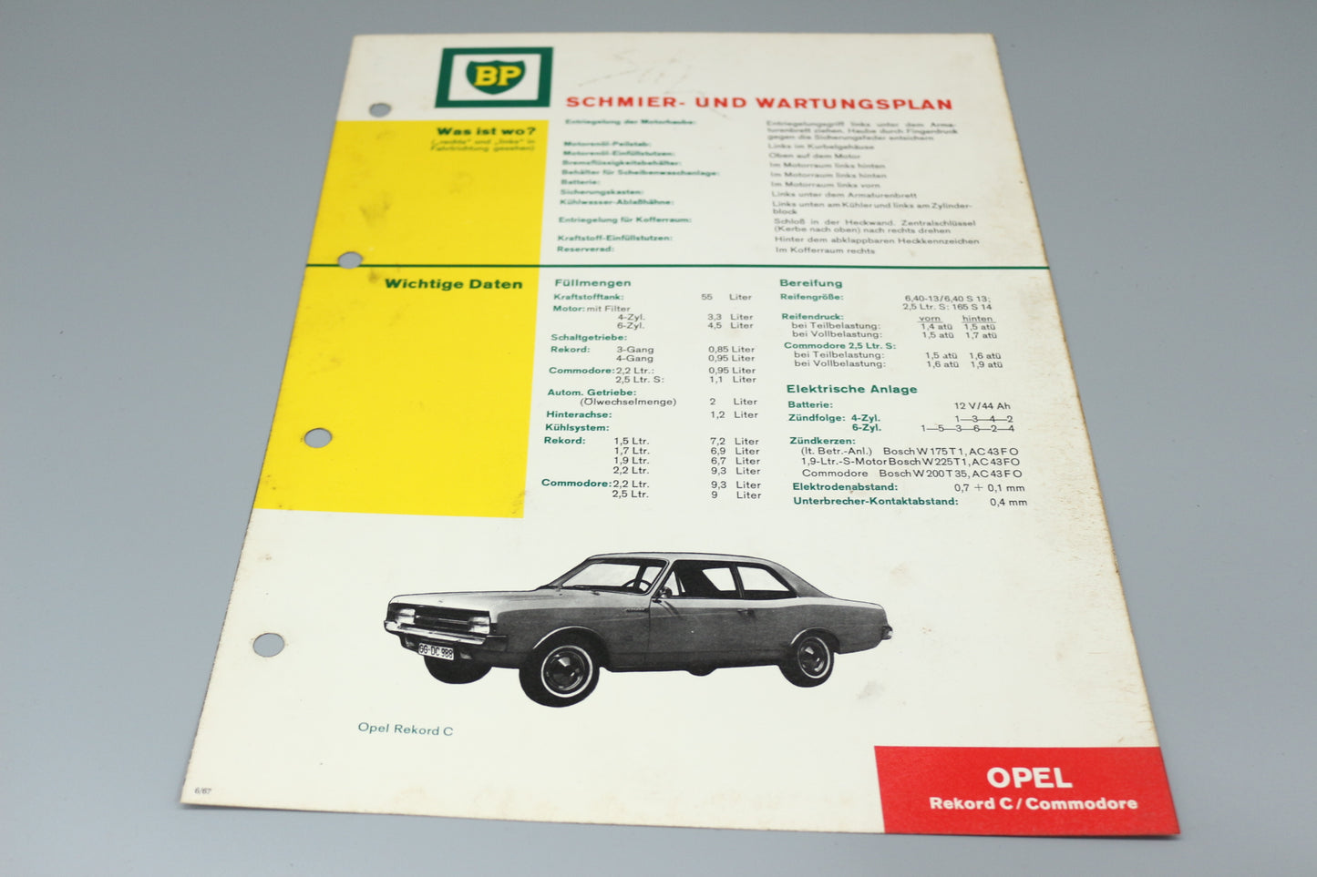 Schmier - und Wartungsplan Opel Rekord C / Commodore A
