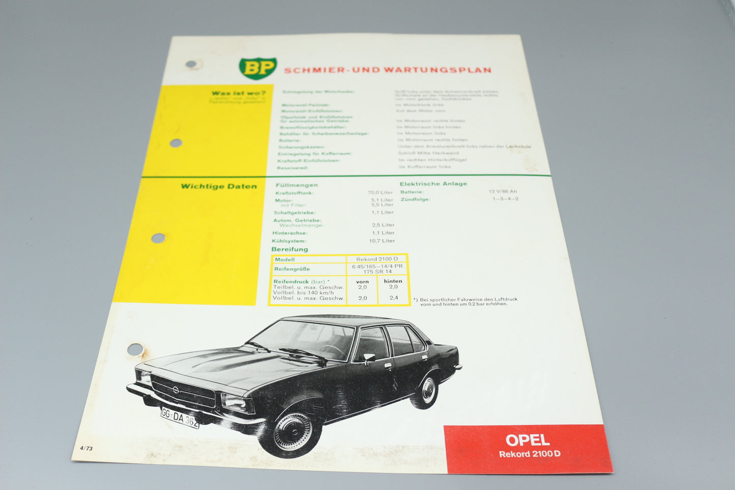 Schmier - und Wartungsplan Opel Rekord 2100 D
