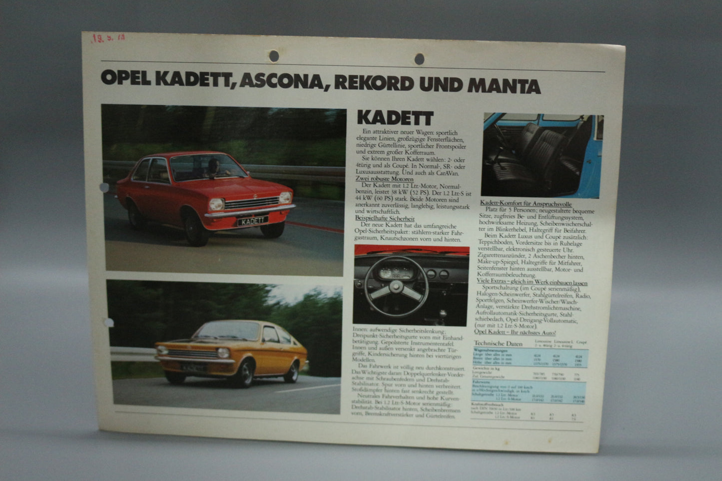 Leaflet Sales Brochure Opel Kadett + Ascona + Rekord + Manta
