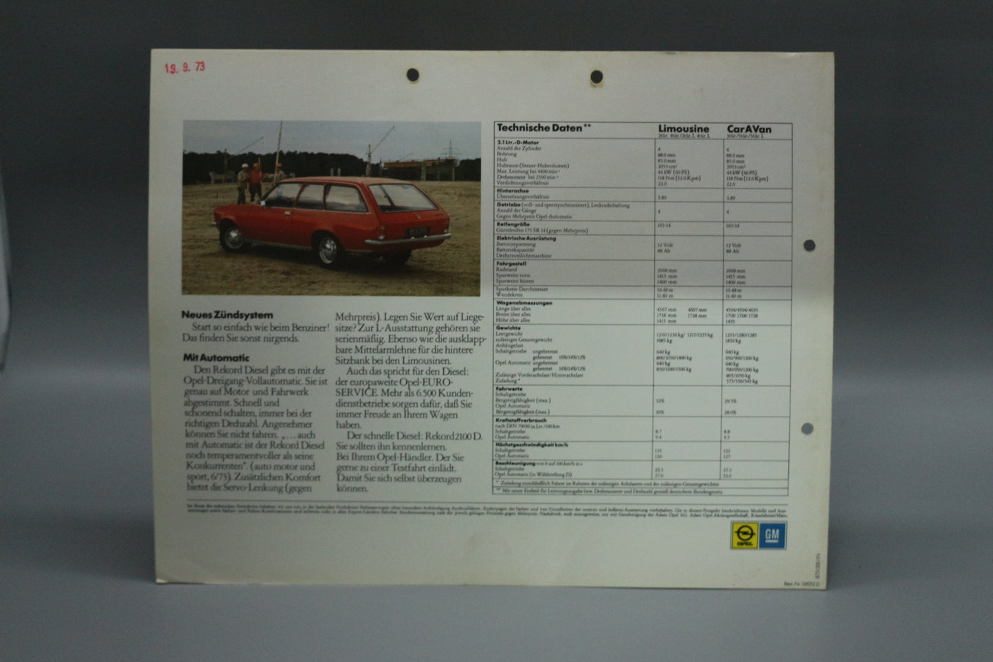 Leaflet Sales Brochure Opel Rekord D 2100D