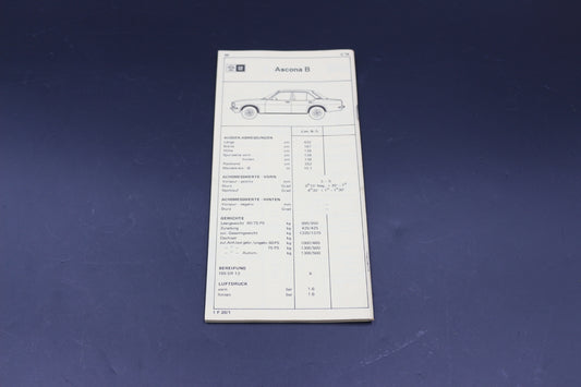 Lackierungs- und Ersatzteilpreisliste Handbuch Opel Ascona B