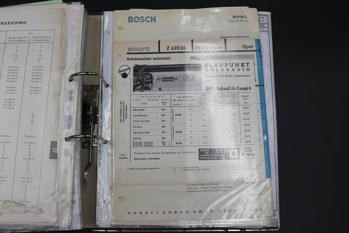 Sammelmappe Prospekte Betriebsanleitung Tabellen Technische Daten Opel Rekord A