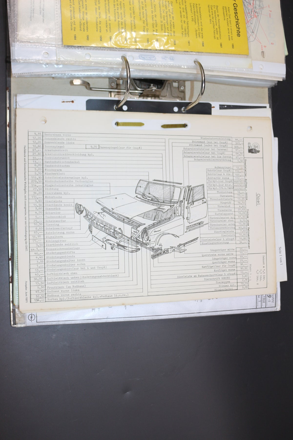 Sammelmappe Prospekte Betriebsanleitung Tabellen Technische Daten Opel Rekord A